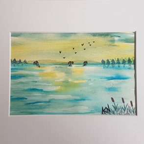 geese in flight, sunset, blue, green, yellow, original watercolour