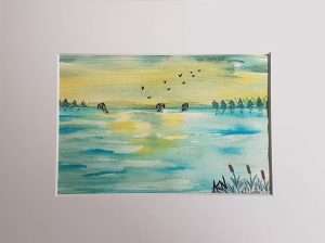 geese in flight, sunset, blue, green, yellow, original watercolour