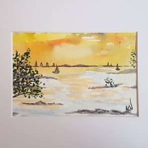 sunset on the water, water, lake, ocean, yellow, original watercolor