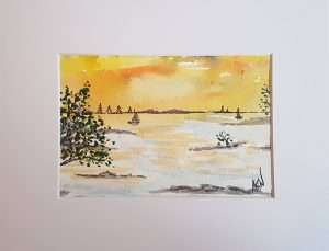 sunset on the water, water, lake, ocean, yellow, original watercolor