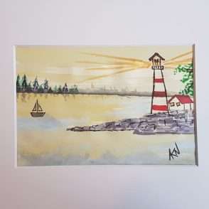 watercolour, lighthouse, sailboat, sunset