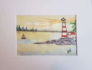 sunset, watercolor, watercolour, BC lighthouses, Lighthouse